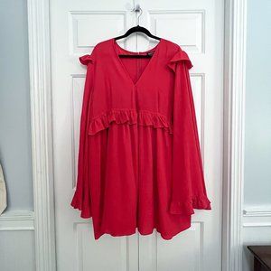 Red Bell Sleeve Dress with Ruffle Details